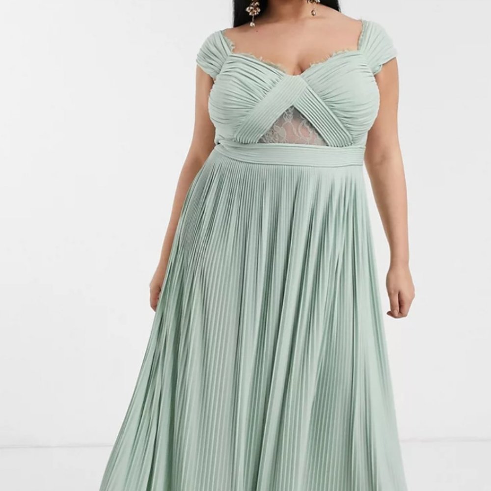 ASOS DESIGN Curve premium lace and pleat bardot maxi dress - Size US 16
